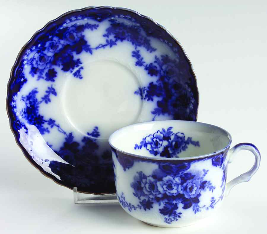 Devon (Flow Blue, Gold Trim) Flat Cup & Saucer Set by Alfred Meakin-1