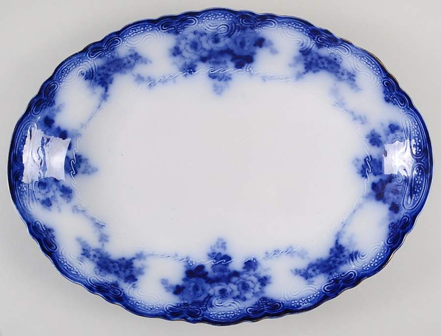 Devon (Flow Blue, Gold Trim) 15" Oval Serving Platter by Alfred Meakin-1
