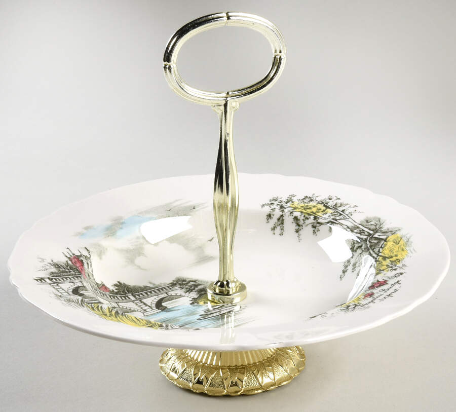 English Bridges Multicolor 6"-7" Handled Footed Nut Dish HC by Alfred Meakin-1