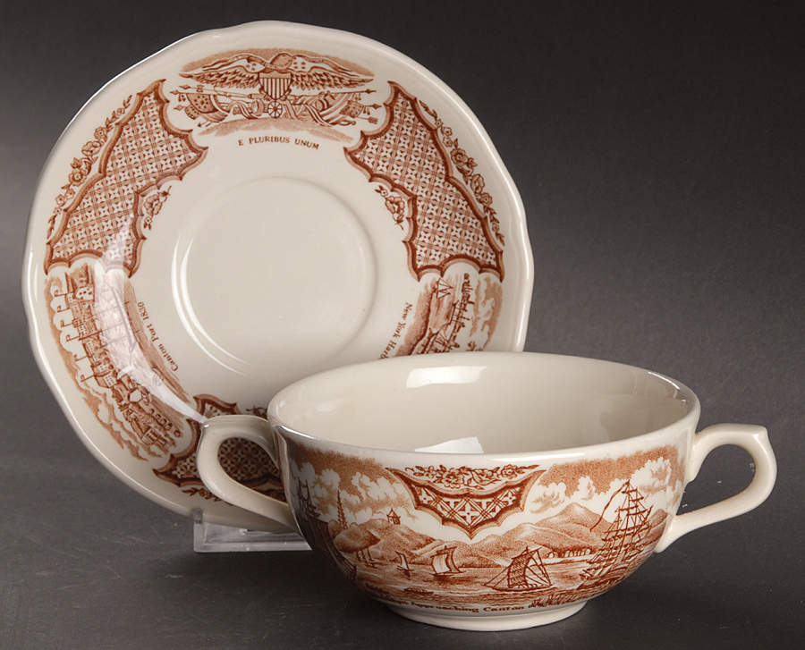 Fair Winds Brown Flat Cream Soup Bowl & Saucer Set by Alfred Meakin-1