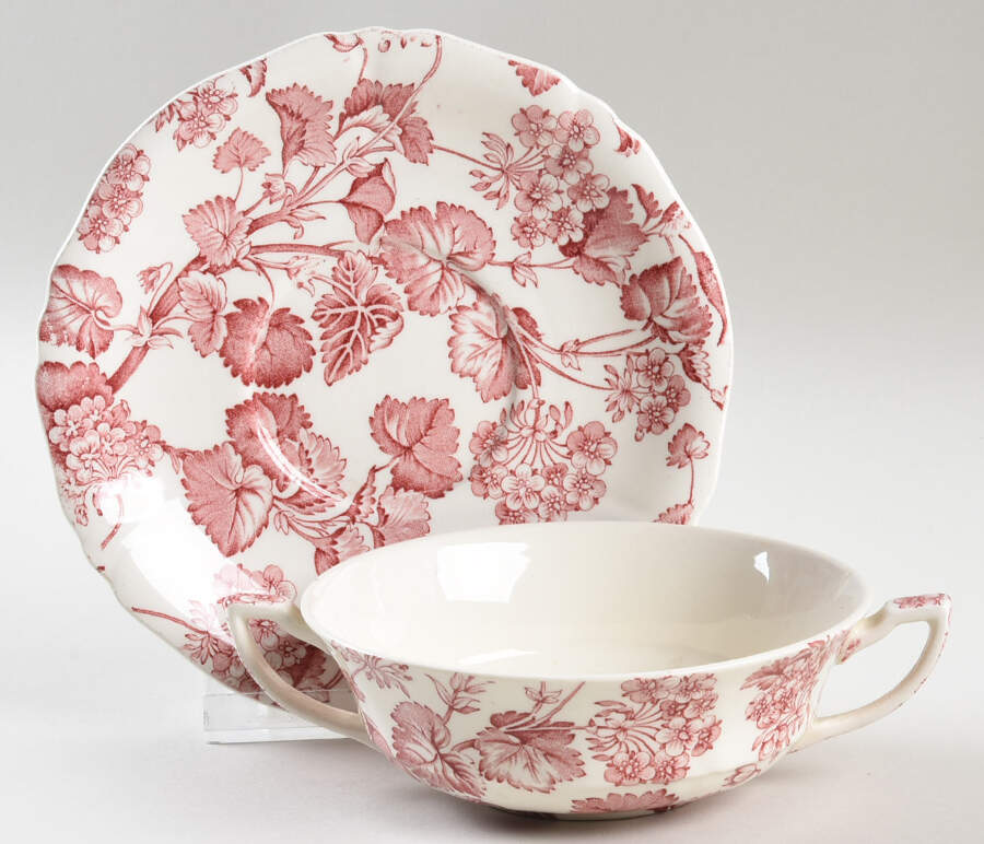Florette Pink Flat Cream Soup Bowl & Saucer Set by Alfred Meakin-1