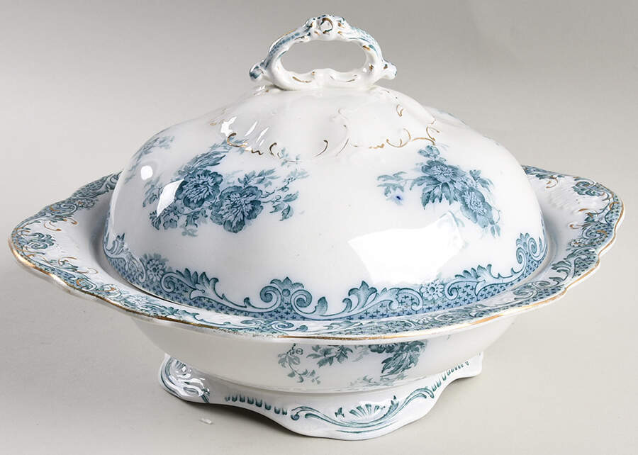 Glenmere Blue Green (Gold Trim) Round Covered Vegetable by Alfred Meakin-1