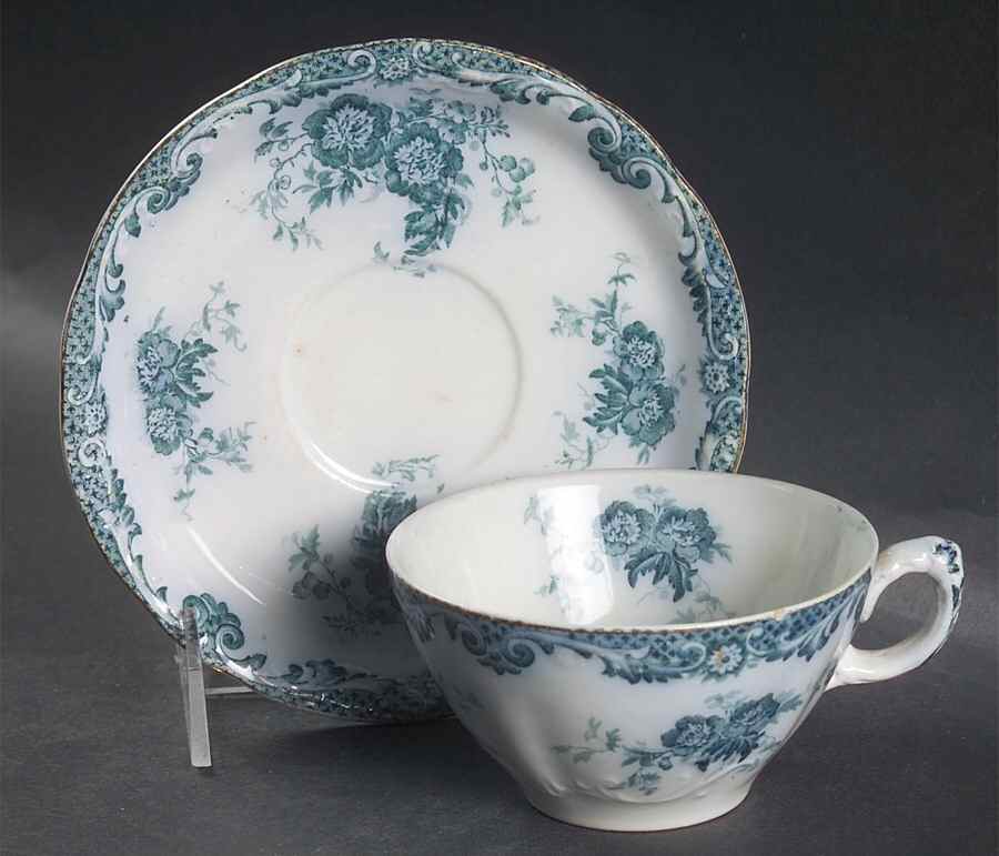Glenmere Blue Green (Gold Trim) Flat Cup & Saucer Set by Alfred Meakin-1