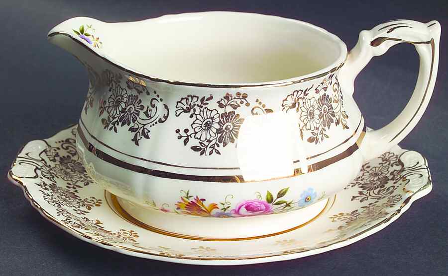 Golden Posy Gravy Boat & Underplate by Alfred Meakin-1