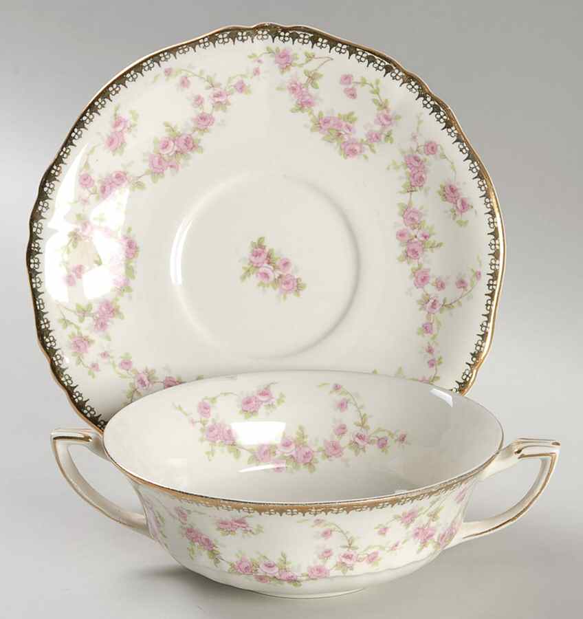 Harmony Rose Flat Cream Soup Bowl & Saucer Set by Alfred Meakin-1