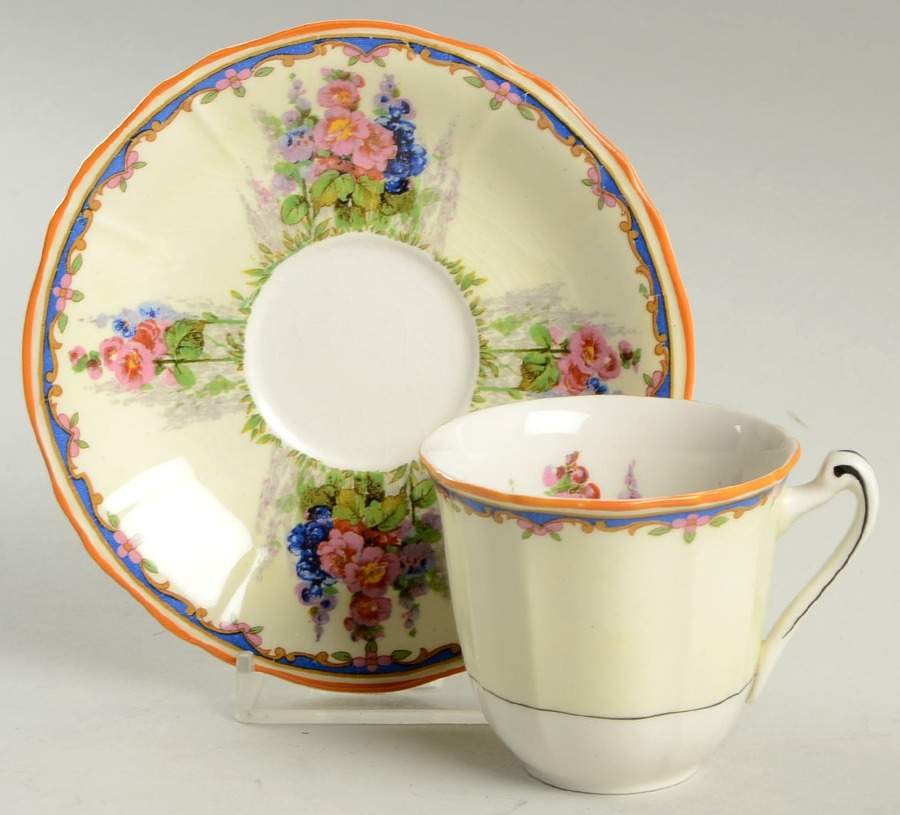 Hollyhock Flat Demitasse Cup & Saucer Set by Alfred Meakin-1