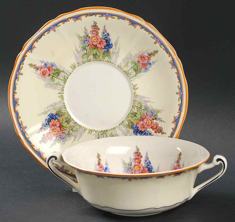 Hollyhock Flat Cream Soup Bowl & Saucer Set by Alfred Meakin-1