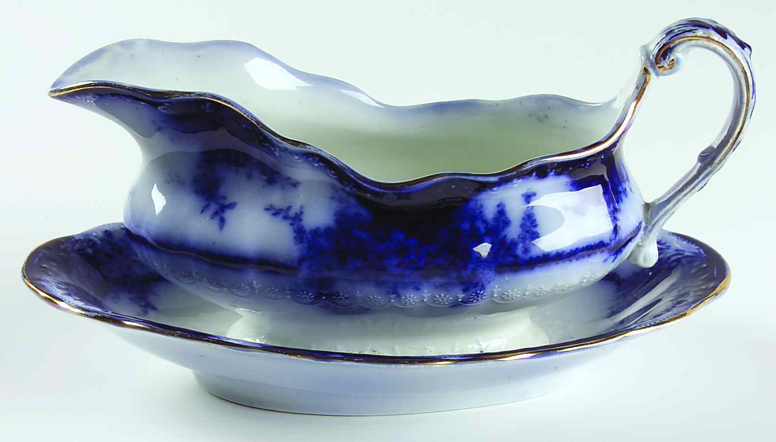 Kelvin (Flow Blue) Gravy Boat & Underplate/Relish by Alfred Meakin-1