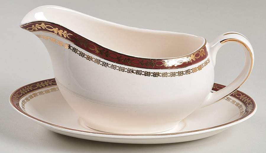 Kingsdale Maroon (Cream) Gravy Boat & Underplate by Alfred Meakin-1