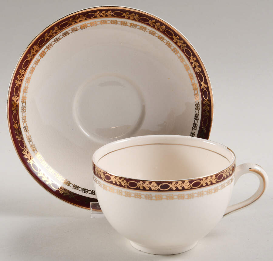 Kingsdale Maroon (Cream) Flat Cup & Saucer Set by Alfred Meakin-1
