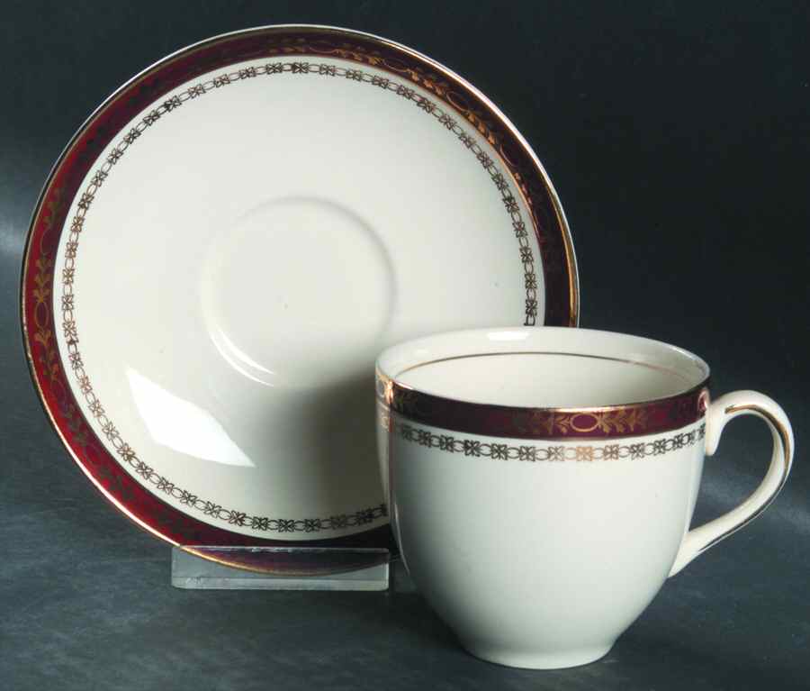 Kingsdale Maroon (Cream) Flat Cup & Saucer Set by Alfred Meakin-1