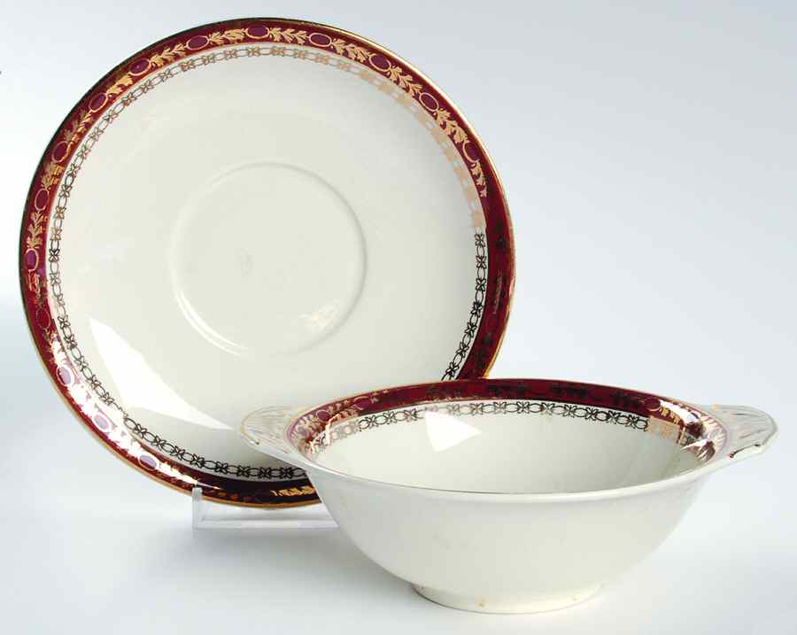 Kingsdale Maroon (Cream) Flat Cream Soup Bowl & Saucer Set by Alfred Meakin-1