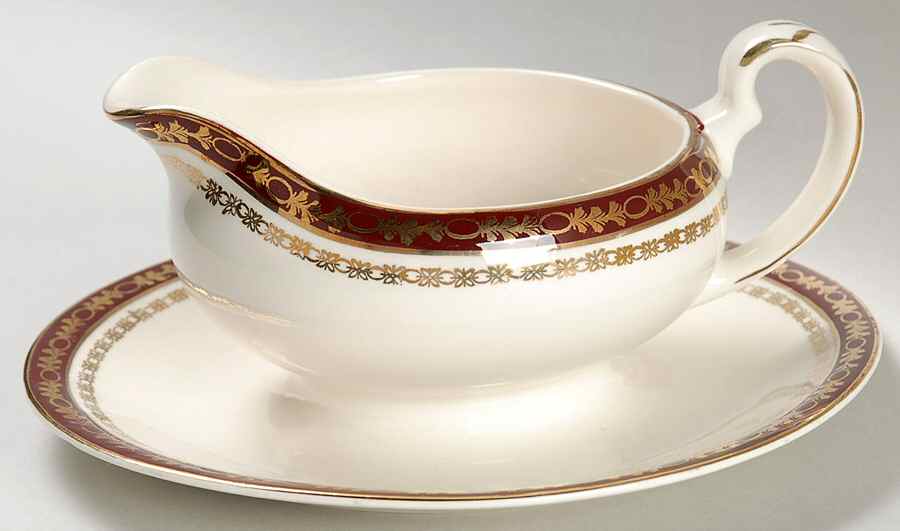 Kingsdale Maroon (Cream) Gravy Boat with Attached Underplate by Alfred Meakin-1