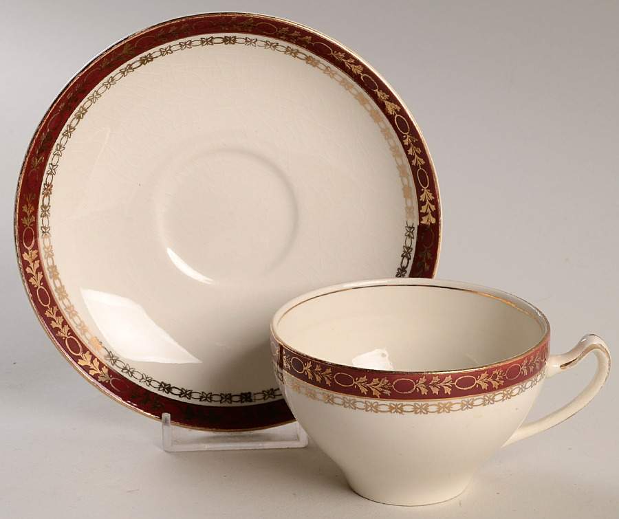 Kingsdale Maroon (Cream) Flat Cup & Saucer Set by Alfred Meakin-1