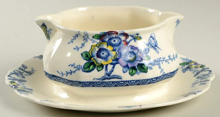 Medway Decor Blue Multicolor Gravy Boat with Attached Underplate by Alfred Meakin-1