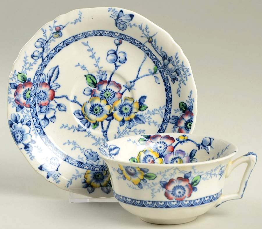 Medway Decor Blue Multicolor Flat Cup & Saucer Set by Alfred Meakin-1