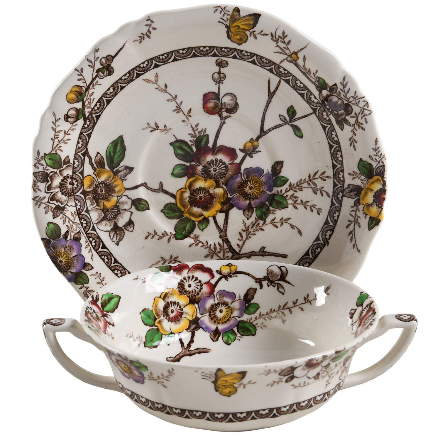 Medway Decor Dark Brown Multicolor Flat Cream Soup Bowl & Saucer Set by Alfred Meakin-1