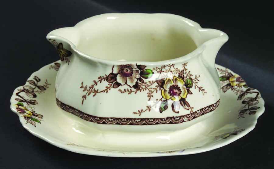 Medway Decor Dark Brown Multicolor Gravy Boat with Attached Underplate by Alfred Meakin-1