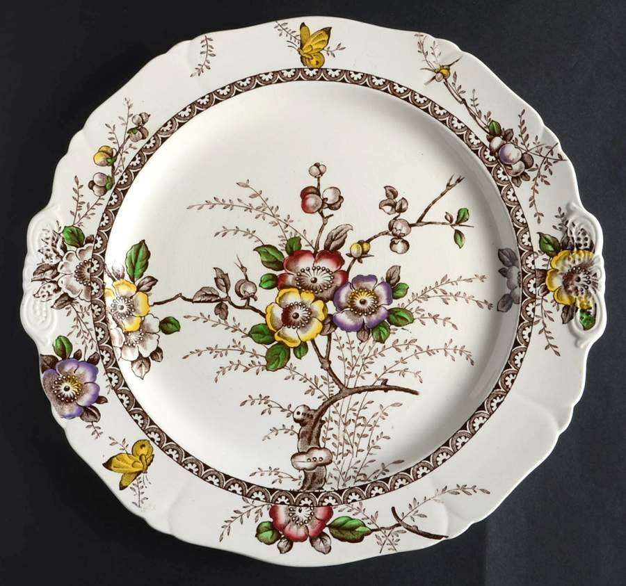 Medway Decor Dark Brown Multicolor Handled Cake Plate by Alfred Meakin-1