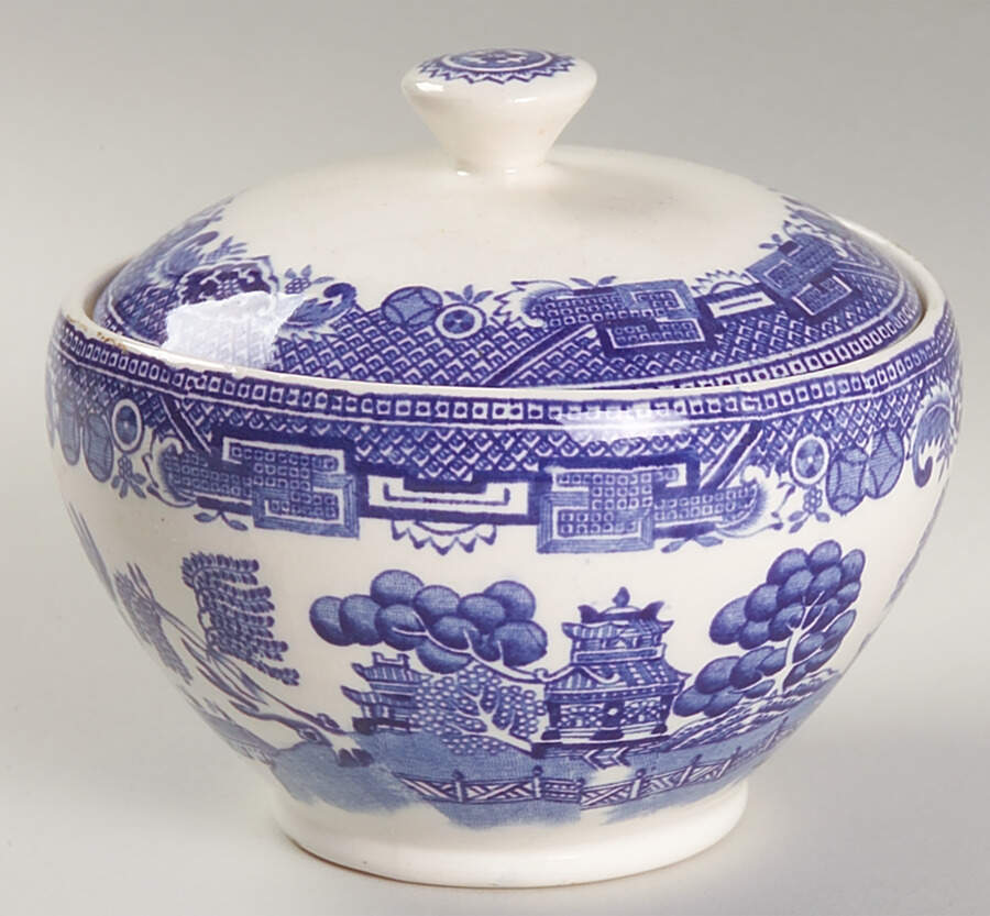 Old Willow Blue (No Trim) Sugar Bowl & Lid by Alfred Meakin-1