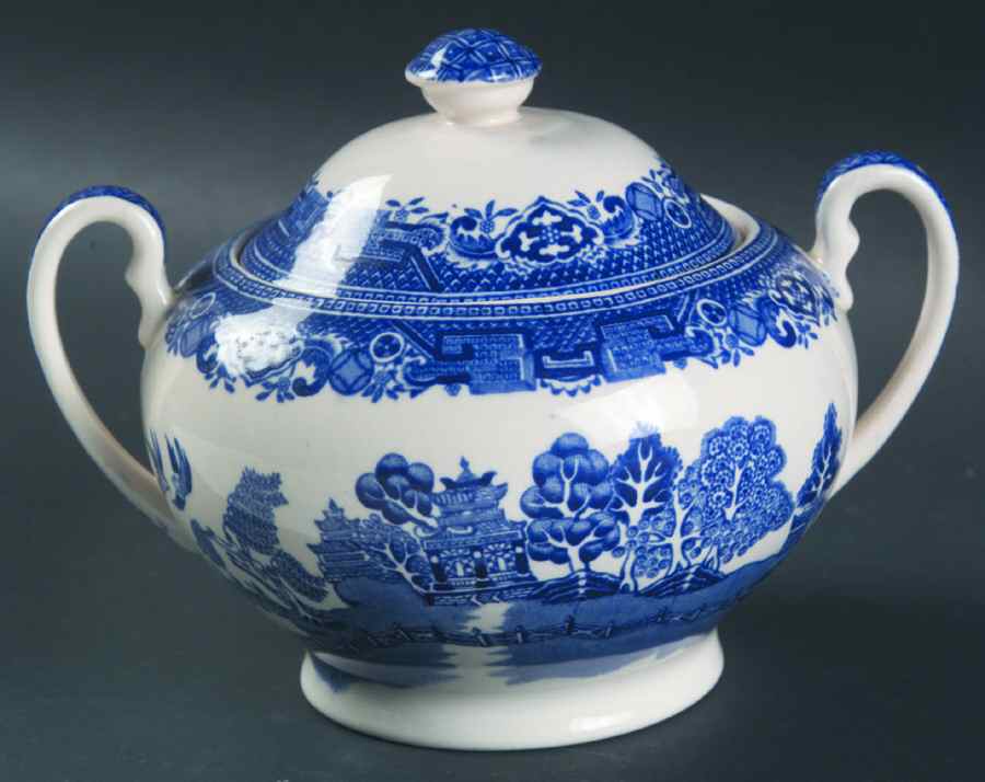 Old Willow Blue (No Trim) Sugar Bowl & Lid by Alfred Meakin-1