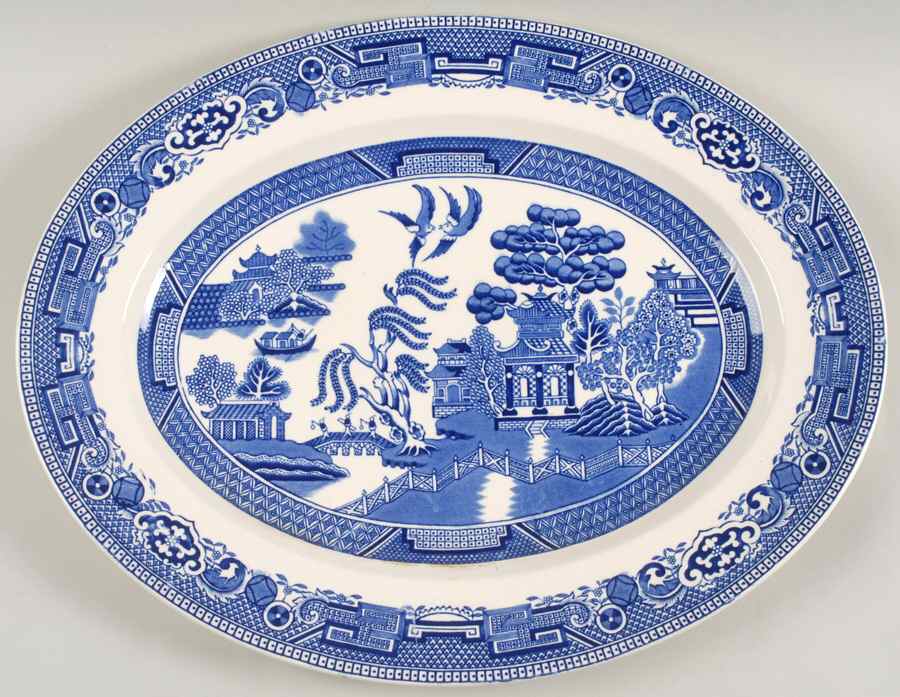 Old Willow Blue (No Trim) 16" Oval Serving Platter by Alfred Meakin-1