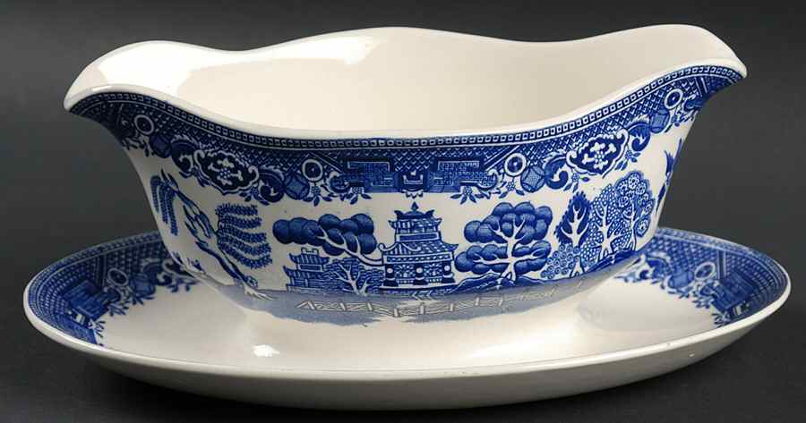 Old Willow Blue (No Trim) Gravy Boat with Attached Underplate by Alfred Meakin-1