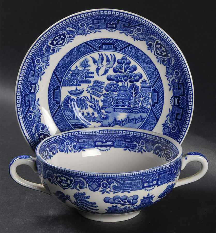 Old Willow Blue (No Trim) Flat Cream Soup Bowl & Saucer Set by Alfred Meakin-1