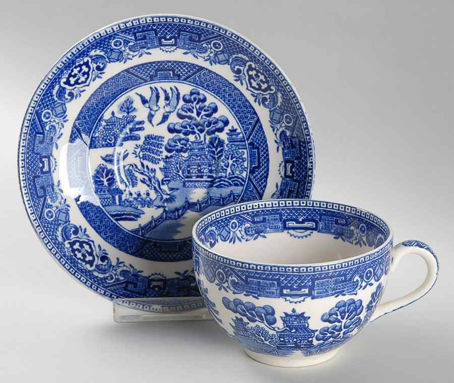 Old Willow Blue (No Trim) Flat Cup & Saucer Set by Alfred Meakin-1