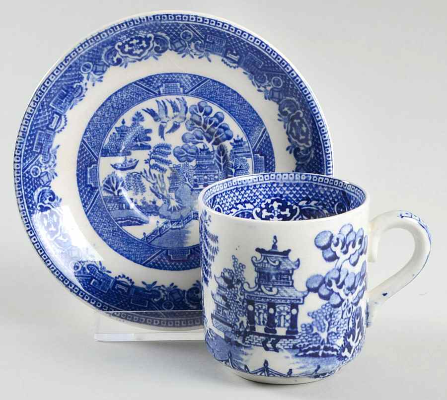 Old Willow Blue (No Trim) Footed Demitasse Cup & Saucer Set by Alfred Meakin-1
