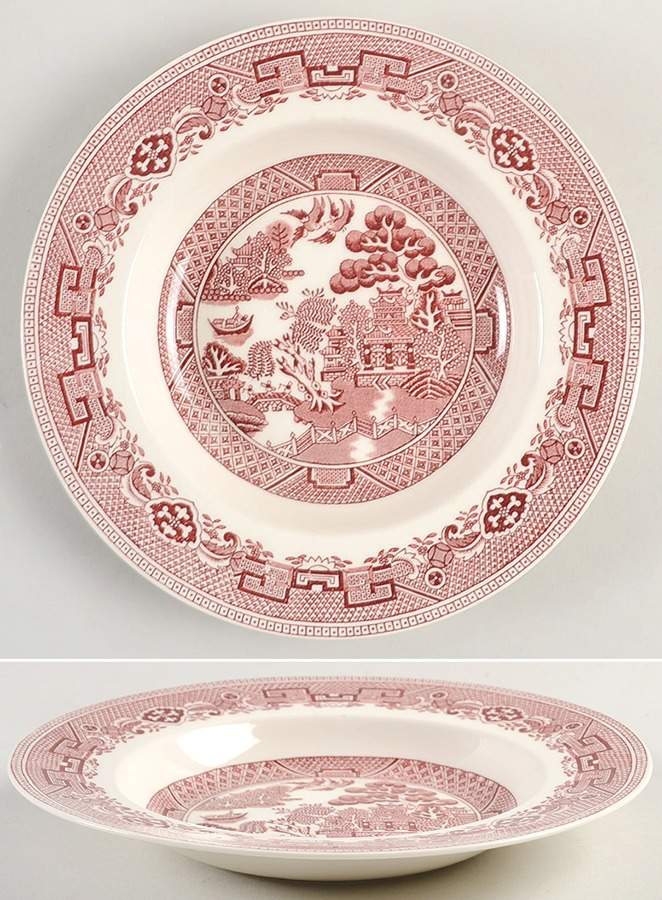 Old Willow Pink Rim Soup Bowl by Alfred Meakin-1