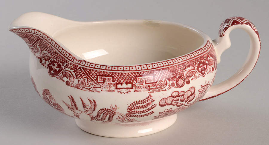 Old Willow Pink Round Gravy Boat by Alfred Meakin-1
