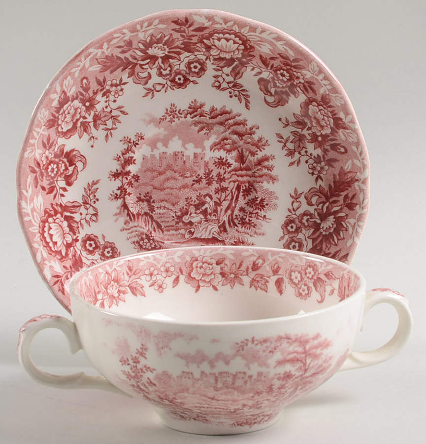 Romance Pink Flat Cream Soup Bowl & Saucer Set by Alfred Meakin-1