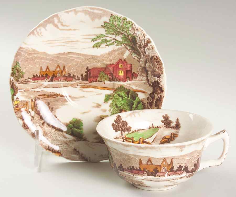 Tintern Brown Multicolor Flat Cup & Saucer Set by Alfred Meakin-1