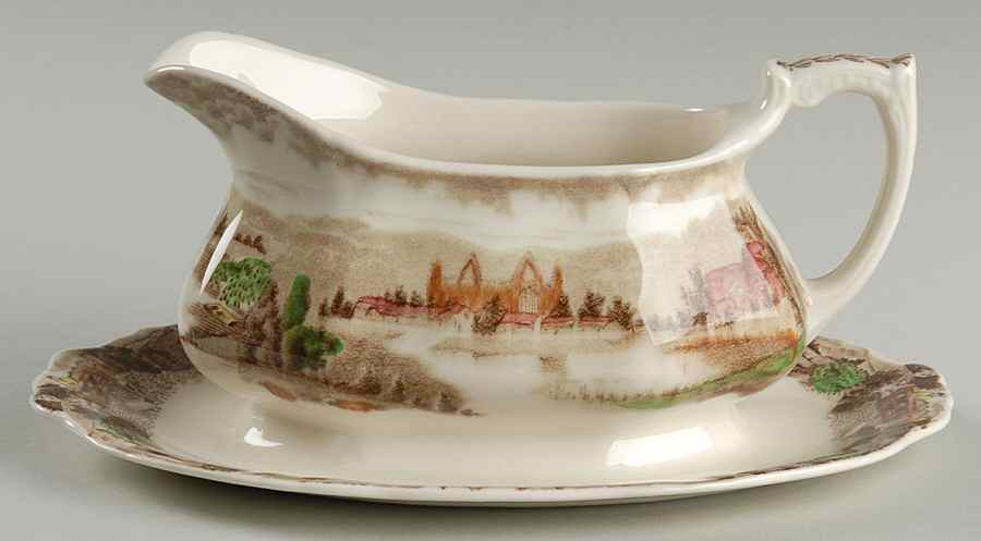 Tintern Brown Multicolor Gravy Boat with Attached Underplate by Alfred Meakin-1