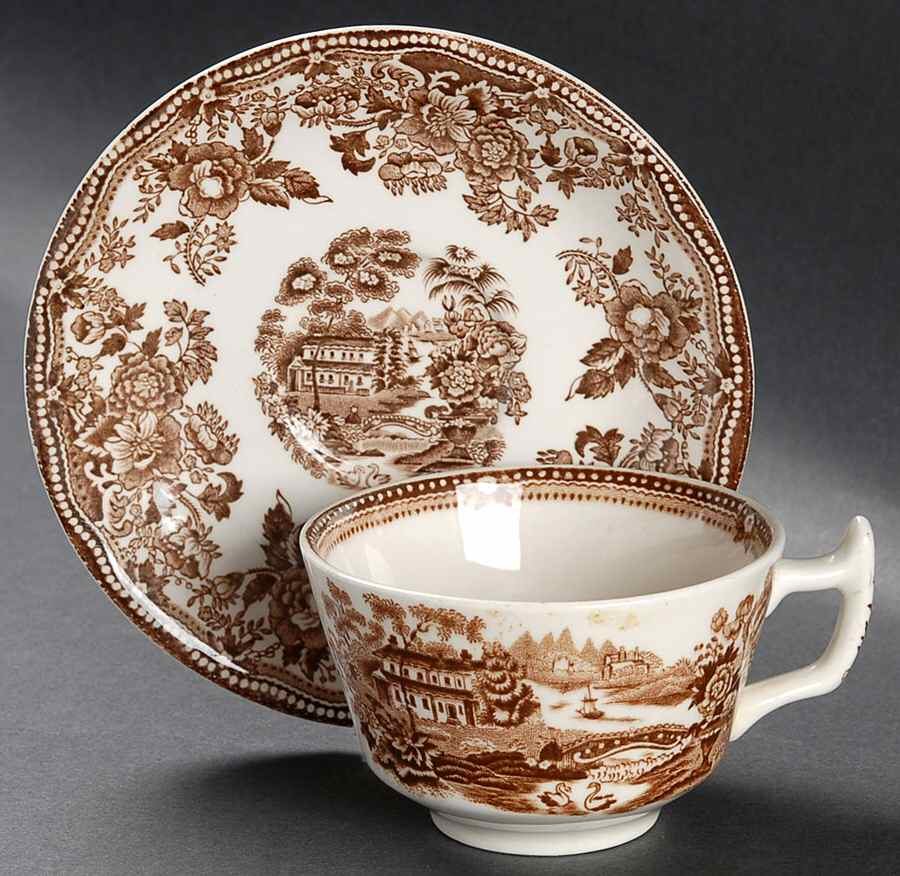 Tonquin Brown Flat Cup & Saucer Set by Alfred Meakin-1