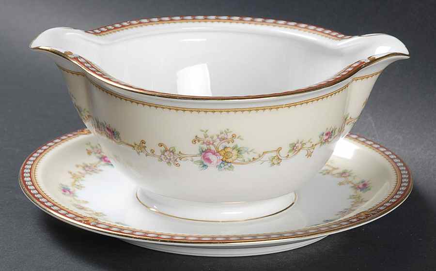 Augusta (Floral, Asama Shape) Gravy Boat with Attached Underplate by Meito-1