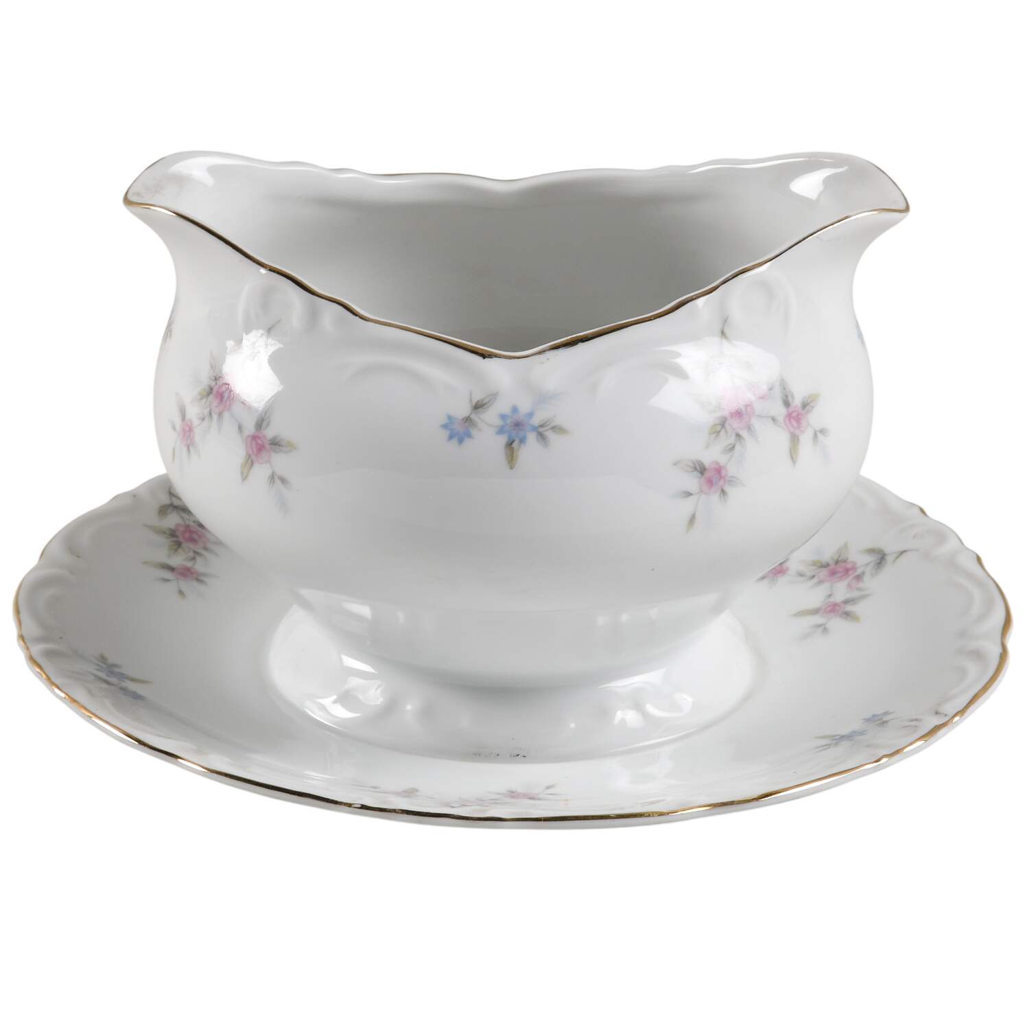 Fleurette  (Rim, Gold Trim) Gravy Boat with Attached Underplate by Meito-1