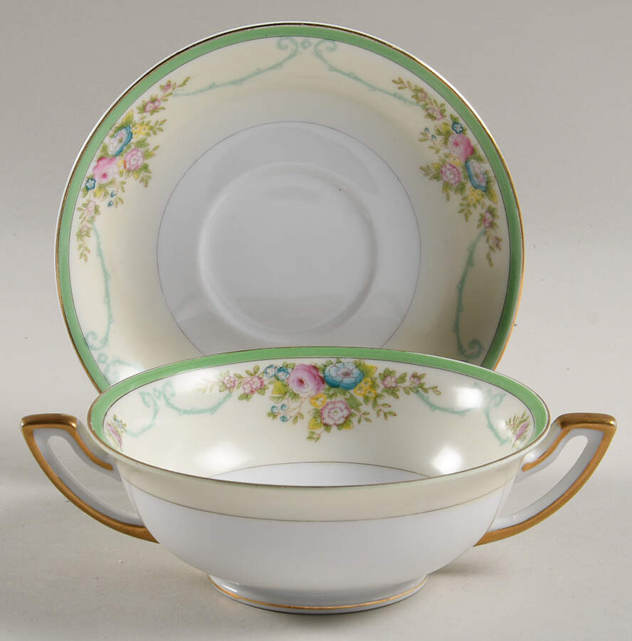 Formal Garden Footed Cream Soup Bowl & Saucer Set by Meito-1