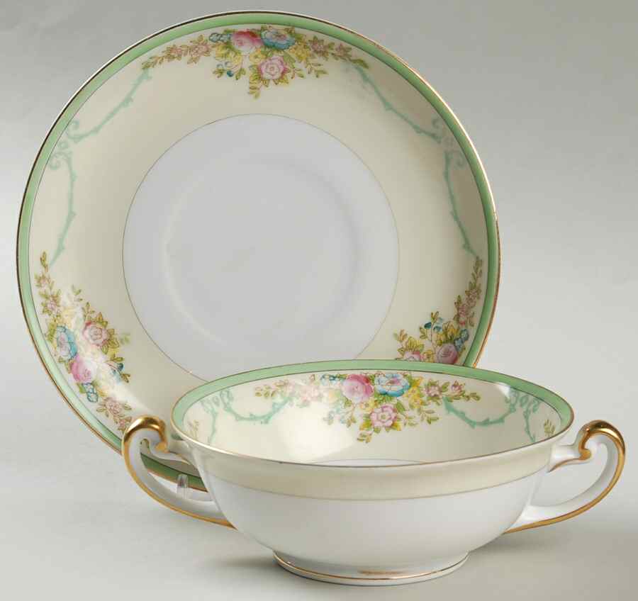 Formal Garden Footed Cream Soup Bowl & Saucer Set by Meito-1