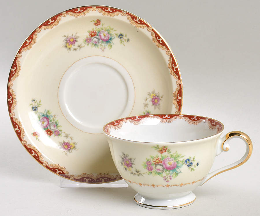 Keepsake (Floral, Burgundy Background) Footed Cup & Saucer Set by Meito-1