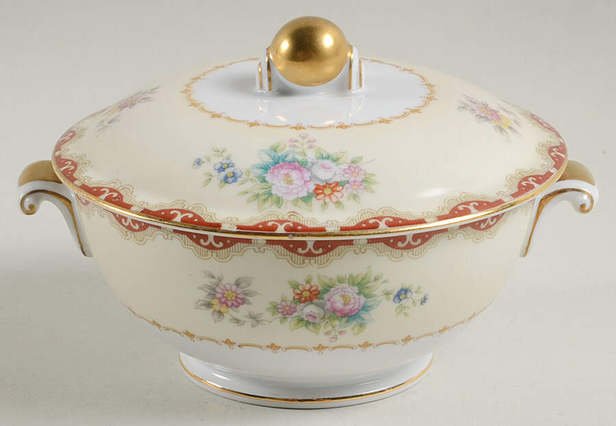 Keepsake (Floral, Burgundy Background) Sugar Bowl & Lid by Meito-1