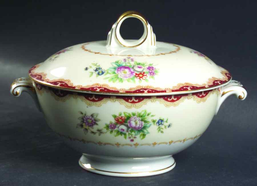 Keepsake (Floral, Burgundy Background) Sugar Bowl & Lid by Meito-1
