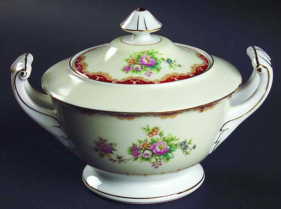Keepsake (Floral, Burgundy Background) Sugar Bowl & Lid by Meito-1