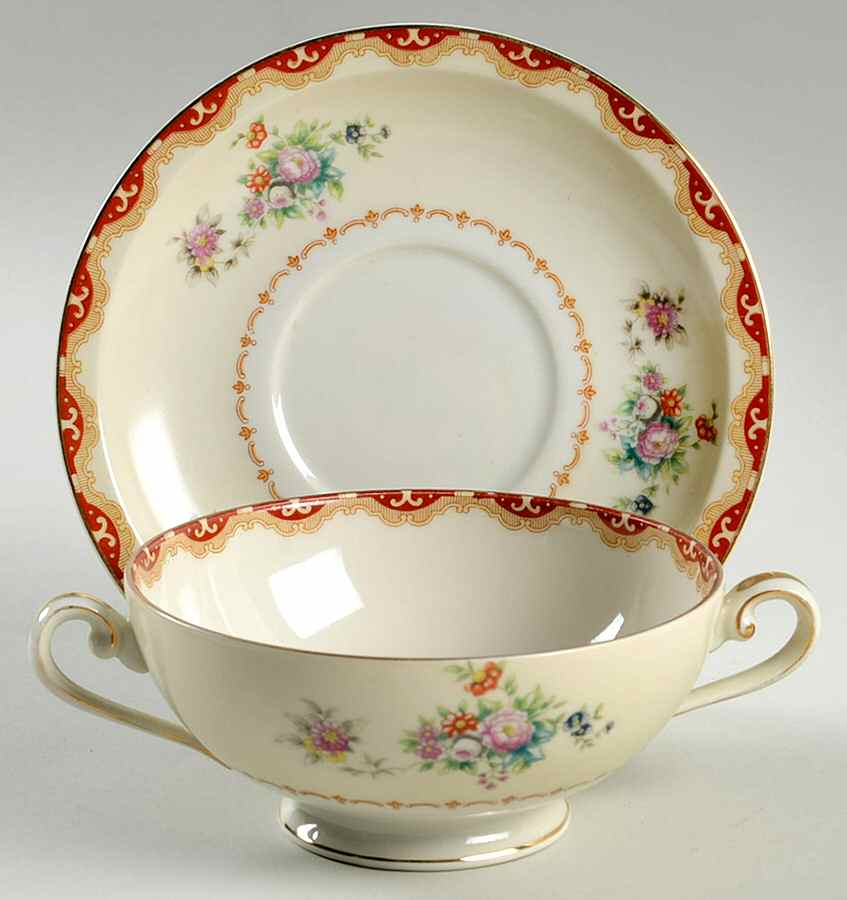 Keepsake (Floral, Burgundy Background) Footed Cream Soup Bowl & Saucer Set by Meito-1