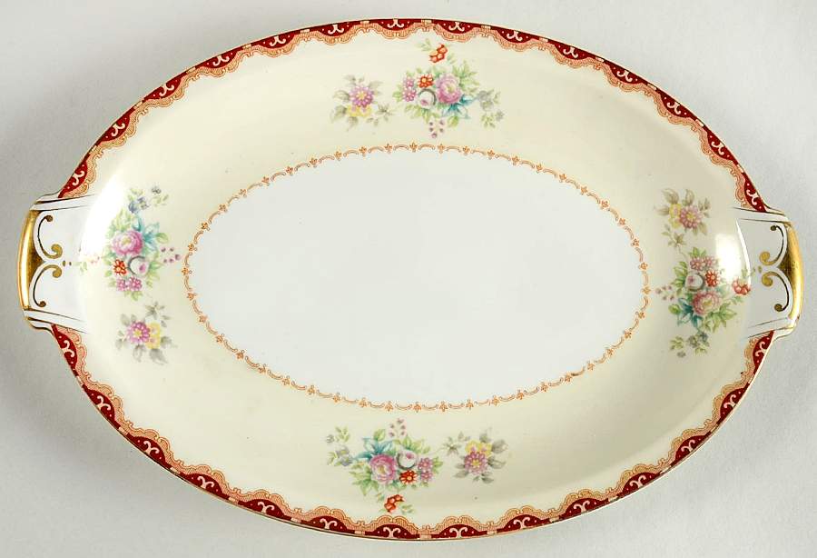 Keepsake (Floral, Burgundy Background) 12" Oval Serving Platter by Meito-1