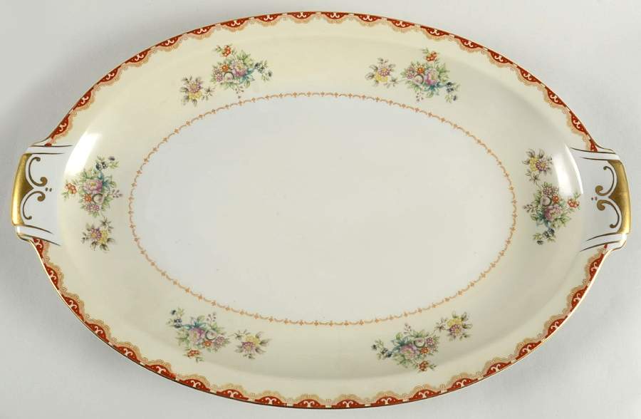 Keepsake (Floral, Burgundy Background) 17" Oval Serving Platter by Meito-1