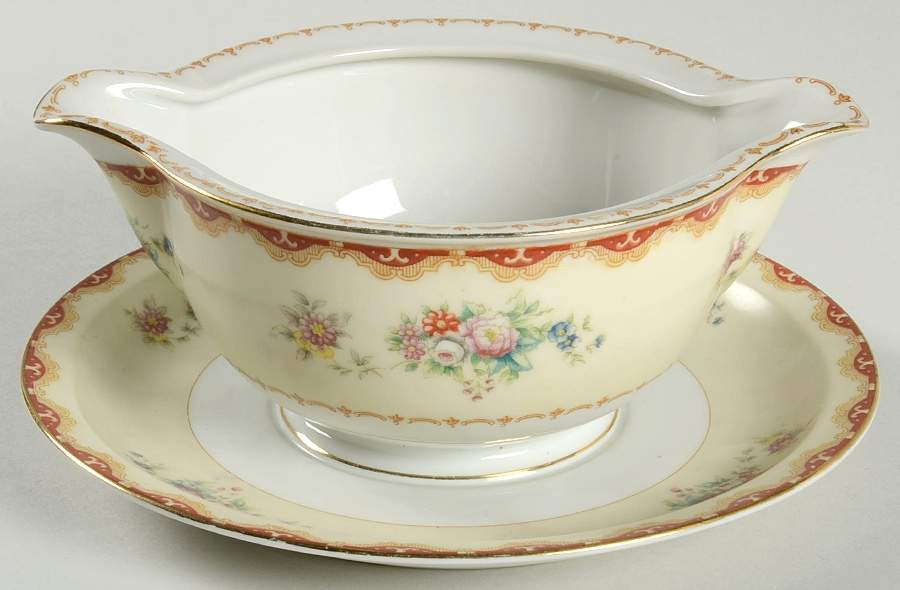 Keepsake (Floral, Burgundy Background) Gravy Boat with Attached Underplate by Meito-1