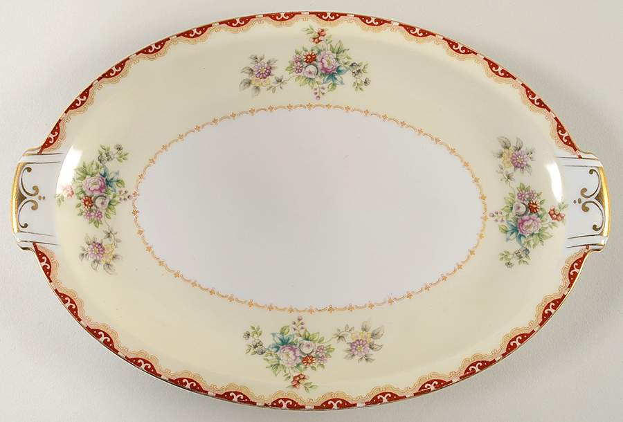 Keepsake (Floral, Burgundy Background) 13" Oval Serving Platter by Meito-1