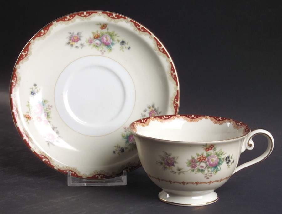 Keepsake (Floral, Burgundy Background) Footed Cup & Saucer Set by Meito-1